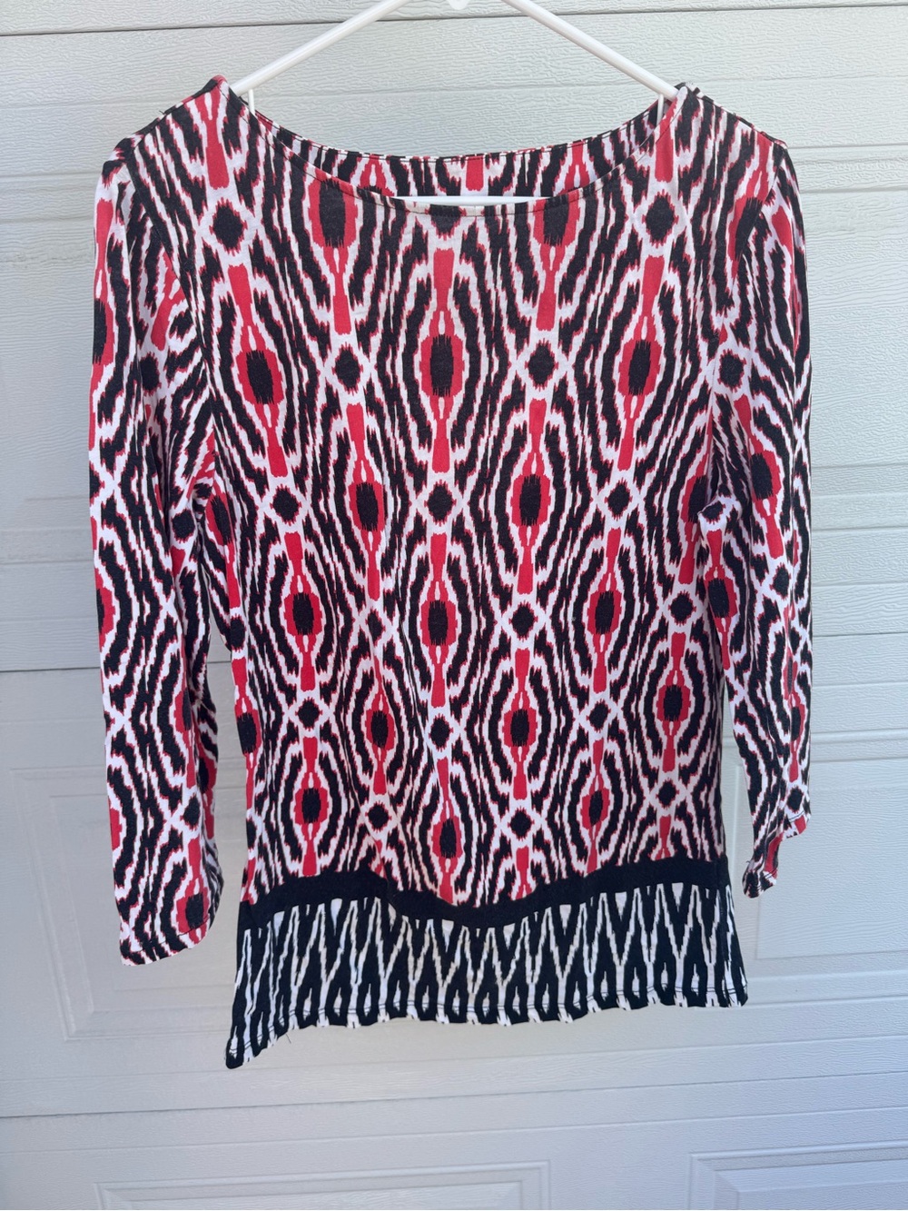 Red and Black Printed Long Sleeve Boatneck Top